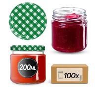 KADAX Glass Jars 200 ml, Small Preserving Jars with Metal Lids for Homemade Jam and Honey, Jars for Storing Spices and Herbs (Green Grid, Set of 100)