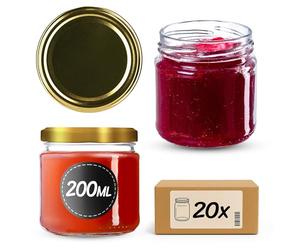 KADAX Glass Jars 200 ml, Small Preserving Jars with Metal Lids for Homemade Jam and Honey, Jars for Storing Spices and Herbs (Gold Lids, Set of 20)