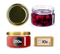 KADAX Glass Jars 250 ml, Small Preserving Jars with Metal Lids for Homemade Jam, Marmalade and Honey, Jars for Storing Spices and Herbs (Gold Lids, Set of 10)