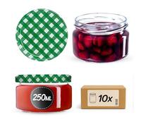 KADAX Glass Jars 250 ml, Small Preserving Jars with Metal Lids for Homemade Jam, Marmalade and Honey, Jars for Storing Spices and Herbs (Green Grid, Set of 10)