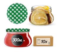 KADAX Glass Jars 300 ml, Small Preserving Jars with Metal Lids for Homemade Jam and Honey, Jars for Storing Spices and Herbs (Green Grid, Set of 10)