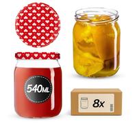 KADAX Glass Jars 540 ml, Preserving Jars with Airtight Lids for Storing Homemade Jams, Honey, Pickles and Sauerkraut (Red Hearts, Set of 8)