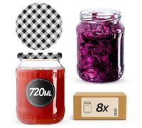 KADAX Glass Jars 720 ml, Preserving Jars with Airtight Lids for Storing Homemade Jams, Honey, Pickles and Sauerkraut (Black Grid, Set of 8)