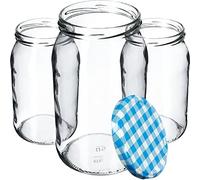KADAX Glass Jars 900 ml, Preserving Jars with Airtight Lids for Storing Homemade Jams, Marmalades, Pickles and Sauerkraut (Blue Grid, Set of 8)