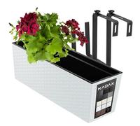 KADAX Hanging Planter 18.5 x 56 cm, Outdoor Plastic Window Box with Insert and Brackets, Long Flowerpot for Railing (Rattan Pattern, White)