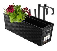 KADAX Hanging Planter 18.5 x 56 cm, Outdoor Plastic Window Box with Insert and Brackets, Long Flowerpot for Railing (Rattan Pattern, Black)