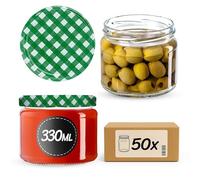 KADAX Jam Jars 330 ml, Preserving Jars with Airtight Lids for Homemade Marmalade and Honey, Small Glass Jars for Storing Herbs (Green Grid, Set of 50)