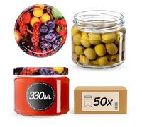 KADAX Jam Jars 330 ml, Preserving Jars with Airtight Lids for Homemade Marmalade and Honey, Small Glass Jars for Storing Herbs (Fruits, Set of 50)