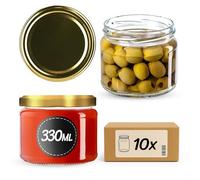 KADAX Jam Jars 330 ml, Preserving Jars with Airtight Lids for Homemade Marmalade and Honey, Small Glass Jars for Storing Herbs (Gold Lids, Set of 10)