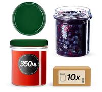 KADAX Jam Jars 350 ml, Preserving Jars with Airtight Lids for Homemade Marmalade and Honey, Small Glass Jars for Storing Herbs (Green Lids, Set of 10)