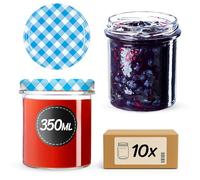 KADAX Jam Jars 350 ml, Preserving Jars with Airtight Lids for Homemade Marmalade and Honey, Small Glass Jars for Storing Herbs (Blue Grid, Set of 10)
