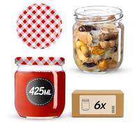 KADAX Jam Jars 425 ml, Preserving Jars with Airtight Lids for Homemade Marmalade, Jelly and Honey, Glass Jars for Storing Herbs (Red Grid, Set of 6)