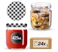 KADAX Jam Jars 425 ml, Preserving Jars with Airtight Lids for Homemade Marmalade, Jelly and Honey, Glass Jars for Storing Herbs (Black Grid, Set of 24)