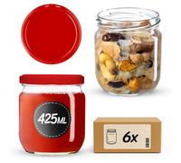 Kadax Jam Jars 425 Ml, Preserving Jars With Wide Mouth For Homemade Marmalade, Jelly And Honey (Red, Pack Of 6)