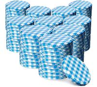 KADAX Jar Lids Ø 82 mm, Secure Metal Lids with Six Threads, Jar Seals Replacement, Twist Off Closure for Pickling and Preserving (Blue Grid, Set of 100)