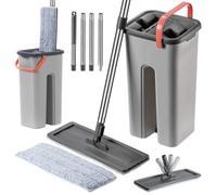Kadax Mop, Grey-Orange, Robust Double Chamber Bucket, Flat Mop With Microfibre Inserts, Ergonomic Design, Plastic Handle