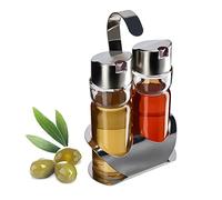 KADAX Oil and Vinegar Dispenser with Stand, Transparent Glass Container with Metal Lid, Oil Dispenser Set, Kitchen Spice Bottles, Oil and Vinegar Bottles Set (Silver)