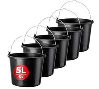 KADAX Plastic Bucket 5L, Large Builders Bucket with Metal Handle for Cleaning and Plastering, Black Construction Bucket for Cement, Paint (Set of 5)