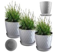 Kadax Plastic Flower Pot, Set Of 3, Durable Plant Pot With Saucer, Decorative Planter (Set Of 3 - 25 Cm, Grey)