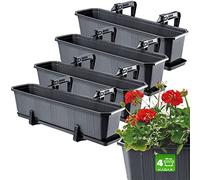 KADAX Plastic Window Box, Rectangular Outdoor Planter with Saucer and Brackets for Balcony Railings (Set of 4: 60 cm, Graphite)