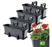 KADAX Plastic Window Box, Rectangular Outdoor Planter with Saucer and Brackets for Balcony Railings (Set of 4: 40 cm, Graphite)