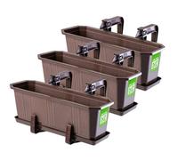 Kadax Plastic Window Box, Rectangular Outdoor Planter With Saucer And Brackets For Balcony Railings (Set Of 3, 40 Cm, Brown)