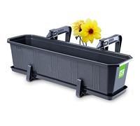 KADAX Plastic Window Box, Rectangular Outdoor Planter with Saucer and Brackets for Balcony, Weatherproof Plant Pot for Railings (60 cm, Graphite)