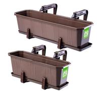 Kadax Plastic Window Box, Rectangular Outdoor Planter With Saucer, Brackets For Balcony Railings (Set Of 2, 40 Cm + 60 Cm, Brown)