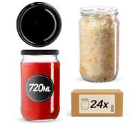 KADAX Preserving Jars 720 ml, Glass, Black, Round, with Twist Lug Lids, Pack of 24