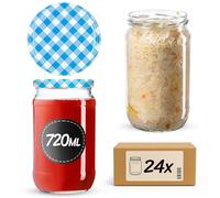 KADAX Preserving Jars 720 ml, Preserving Jars for Screw Lids, Jam Jar, Storage Jar, Preserving Jar, Round Jars (Blue Checked/Pack of 24)