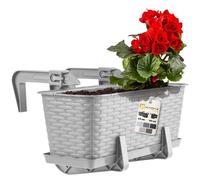 KADAX Rattan-like Planter, Plastic Hanging Box with Brackets, Drainage Holes and Saucer, Rectangular Long Plant Pot for Balcony, Railing (40 cm, Light Grey)