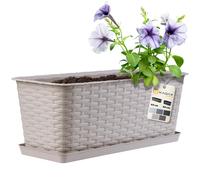 KADAX Rattan-like Planter, Plastic Long Box with Drainage Holes and Saucer, Rectangular Outdoor Plant Pot for Balcony, Railing, Windowsill (40 cm, Caramel)