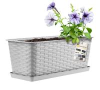 KADAX Rattan-like Planter, Plastic Long Box with Drainage Holes and Saucer, Rectangular Outdoor Plant Pot for Balcony, Railing, Windowsill (40 cm, Light Grey)