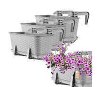 Kadax Rattan Window Box, Rectangular Outdoor Planter With Saucer And Brackets For Balcony Railings (Set Of 3: 40 Cm, Light Grey)