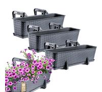 Kadax Rattan Window Box, Rectangular Outdoor Planter With Saucer And Brackets For Balcony Railings (Set Of 3: 60 Cm, Graphite)