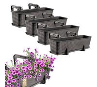Kadax Rattan Window Box, Rectangular Outdoor Planter With Saucer And Brackets For Balcony Railings (Set Of 4: 60 Cm, Brown)