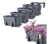 Kadax Rattan Window Box, Rectangular Outdoor Planter With Saucer And Brackets For Balcony Railings (Set Of 4: 40 Cm, Graphite)