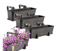 Kadax Rattan Window Box, Rectangular Outdoor Planter With Saucer And Brackets For Balcony Railings (Set Of 3: 60 Cm, Brown)