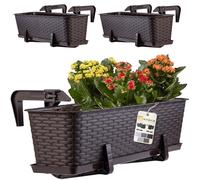 KADAX Rattan Window Box, Rectangular Outdoor Planter with Saucer and Brackets for Balcony Railings (Set of 3: 60 cm, Brown)