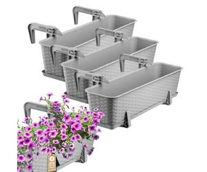 Kadax Rattan Window Box, Rectangular Outdoor Planter With Saucer And Brackets For Balcony Railings (Set Of 3: 60 Cm, Light Grey)