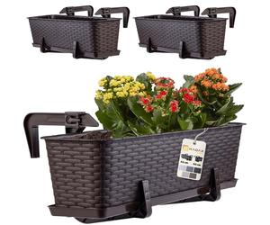 KADAX Rattan Window Box, Rectangular Outdoor Planter with Saucer and Brackets for Balcony Railings (Set of 3: 60 cm, Brown)