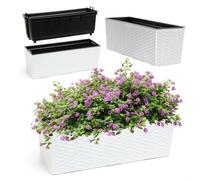 Kadax Rectangular Planter 18.5 X 56 Cm, Outdoor Long Plastic Window Box With Insert (Rattan Pattern, White)