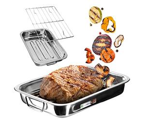 KADAX Roasting Tin with Rack, Stainless Steel Roaster with Handles for Oven, Rectangular Tray for Turkey, Large Roasting Pan (35 x 26 x 6 cm, Silver)