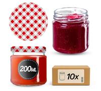 KADAX Rustic Glass Jars 200 ml, Small Preserving Jars with Metal Lids for Homemade Jam and Honey, Jars for Storing Spices and Herbs (Red Grid, Set of 10)