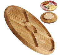 KADAX Serving Plate, Turntable Made of Natural Wood, Diameter 33.5 cm, Rotating Plate with Compartments, Serving Plate for Chips and Dip, Snack Plate for Serving Meat (Oak Wood)