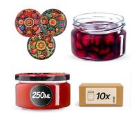KADAX Small Preserving Jars 250 ml, Jam Jars with Lids, Airtight Jars for Gifting, Mini Jars for Honey and Spices (Colourful Flowers, Pack of 10)