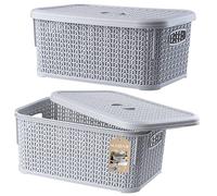 KADAX Storage Basket 6L, Decorative Plastic Container with Lid, Rectangular Organiser with Handles for Bathroom, Kitchen, Bedroom (Grey, Set of 2)