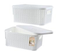 Kadax Storage Basket 6L, Decorative Plastic Container With Lid, Rectangular Organiser With Handles For Bathroom (White, Set Of 2)