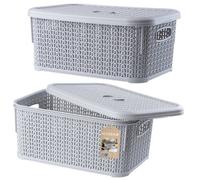 Kadax Storage Basket 6L, Decorative Plastic Container With Lid, Rectangular Organiser With Handles For Bathroom (Grey, Set Of 2)