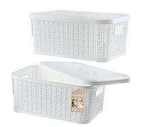 KADAX Storage Basket 6L, Decorative Plastic Container with Lid, Rectangular Organiser with Handles for Bathroom, Kitchen, Bedroom (White, Set of 2)